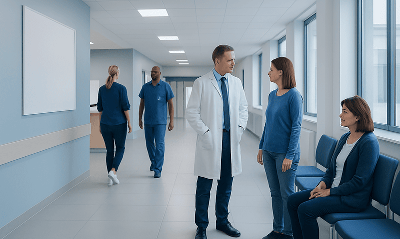 Medical professionals and patients in a hospital corridor.