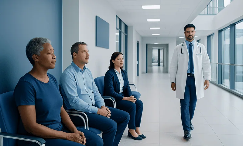 Medical consultation in hospital corridor with diverse patients and doctor.