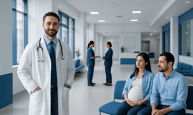 Medical team at Acibadem Hospital with pregnant woman and doctor.