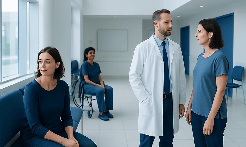 Doctor consulting with a woman patient in a hospital corridor.