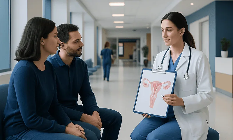 IVF Treatment: Step-by-Step Guide for New Patients 17 Doctor explains uterine health to couple in hospital corridor.