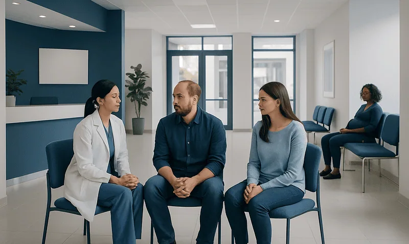 What Is IVF Treatment? Steps, Candidates, and Success Factors 13 Doctor consulting with patients in a modern hospital waiting area.