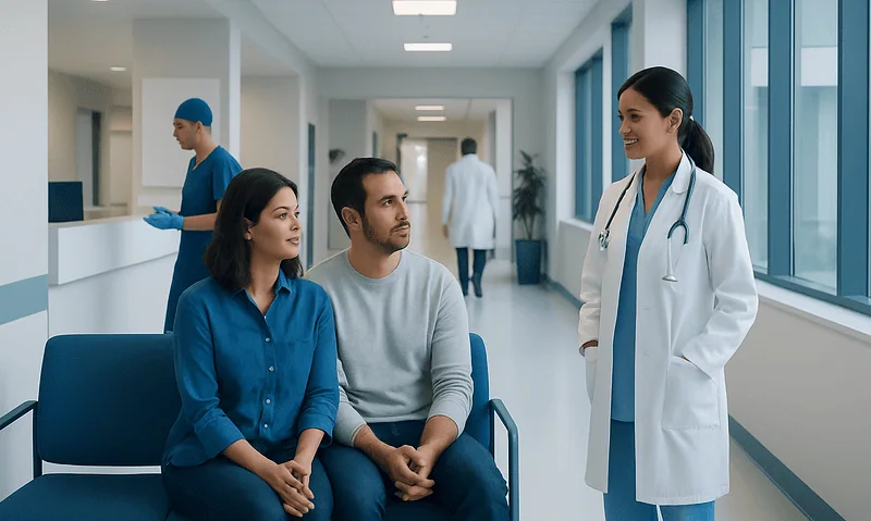 Patients consulting with a doctor in a modern hospital corridor.
