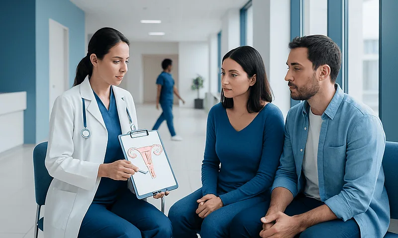Doctor explaining IVF process to a couple in a hospital corridor.