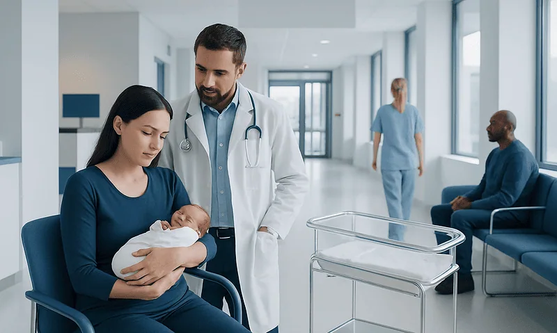 Doctor with mother and newborn in hospital setting.