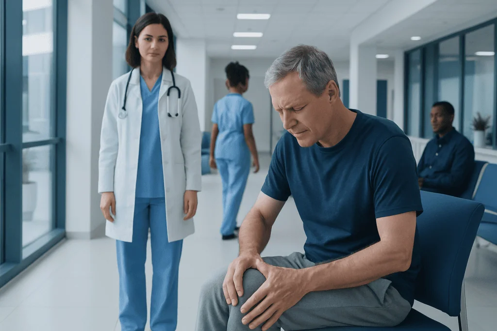 Joint Pain at Night: Orthopedic Causes and When to Seek Help 1 Middle-aged man experiencing knee pain in a hospital setting.