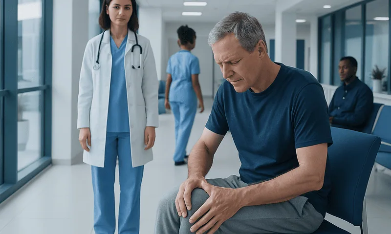 Middle-aged man experiencing knee pain in a hospital setting.