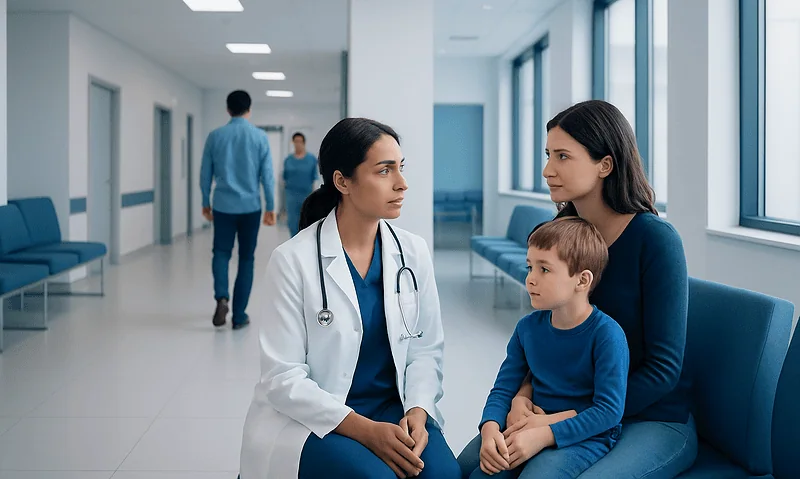 Doctor consulting young boy and mother in hospital corridor.