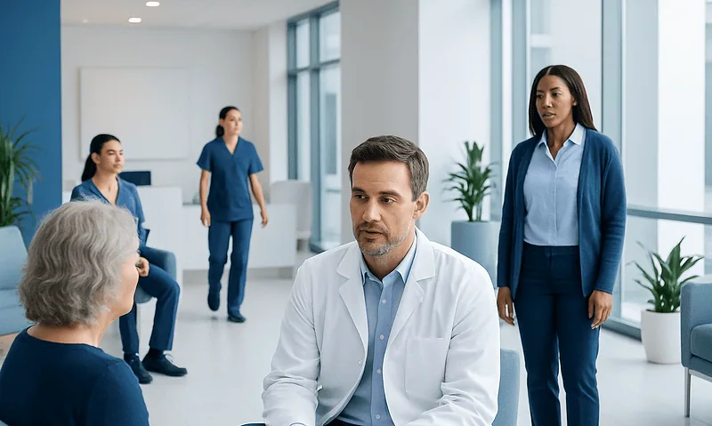 Medical consultation with healthcare professionals in a modern hospital setting.
