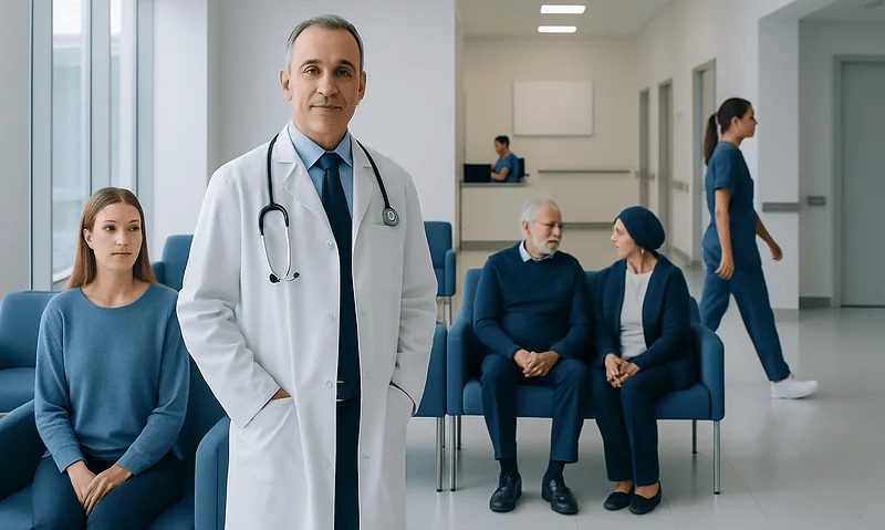 Doctor with patients in a hospital waiting area at Acibadem Hospitals Group.