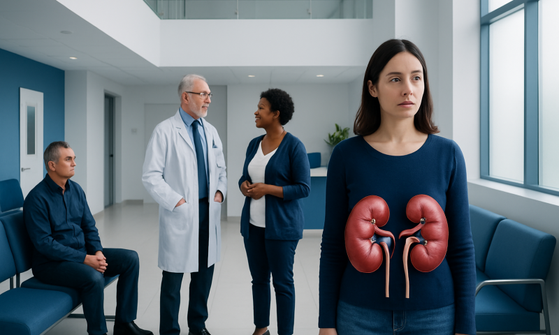 Young woman with kidneys illustration in a hospital corridor.
