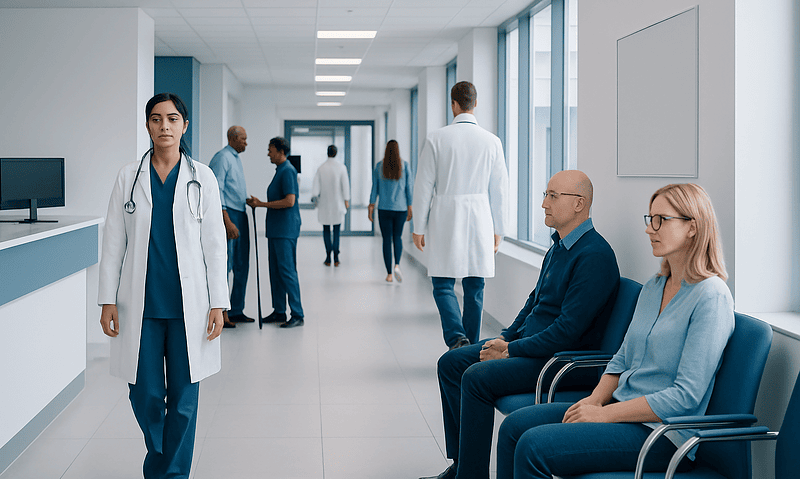 Kidney Function Tests: eGFR, Creatinine, and Urine Protein Explained 4 Medical staff and patients in a modern hospital corridor.