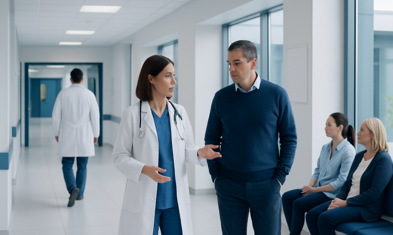 How Kidney Stones Are Diagnosed: Urine Tests, CT Scans, and Ultrasound 1 Doctor discussing with patient in hospital corridor.