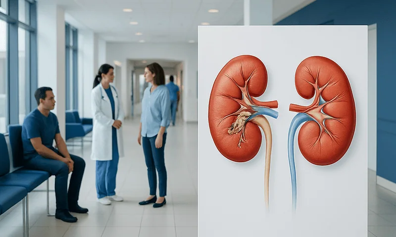Medical consultation about kidney health with a kidney diagram in the hospital corridor.