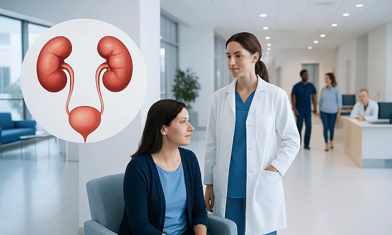 Urologist consulting a patient about kidney health in a hospital setting.