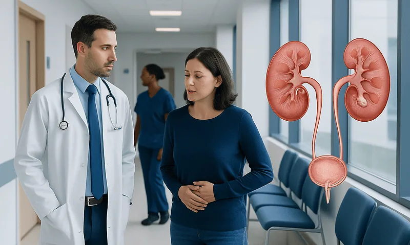 Doctor consulting a patient about kidney health in hospital corridor.
