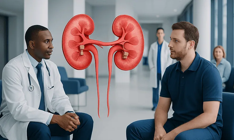 Doctor explaining kidney health to patient in a medical consultation.