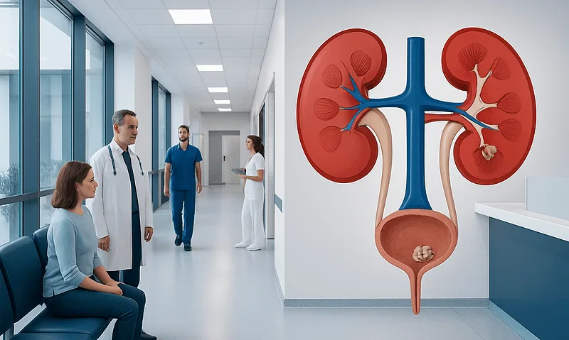 Medical consultation about kidney health in a hospital corridor with kidney illustration.