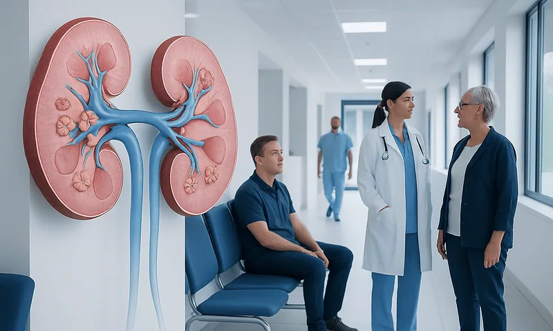 Medical consultation about kidney health with a 3D kidney model in hospital corridor.