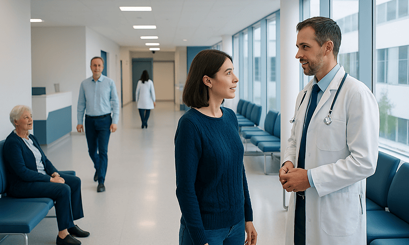 Doctor consulting female patient in hospital corridor with waiting area.