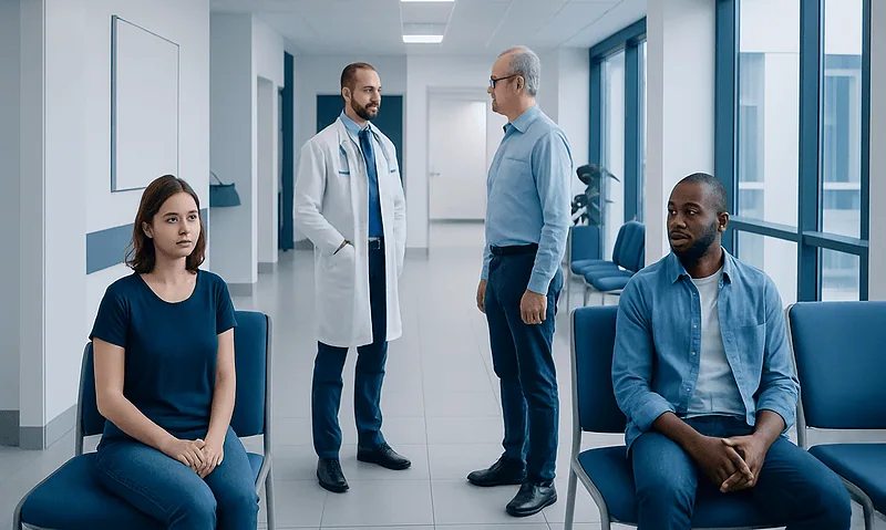 Patients waiting in a hospital corridor with doctors consulting.