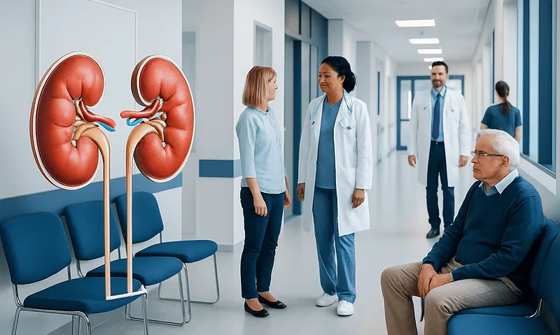 Kidney health consultation at Acibadem Hospital with medical staff and patient.