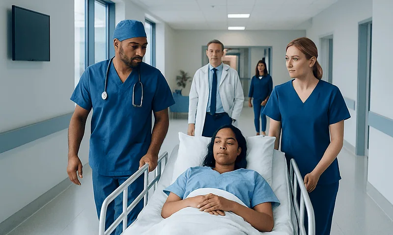 How Kidney Transplant Surgery Works 9 Medical team caring for a patient in a hospital corridor.
