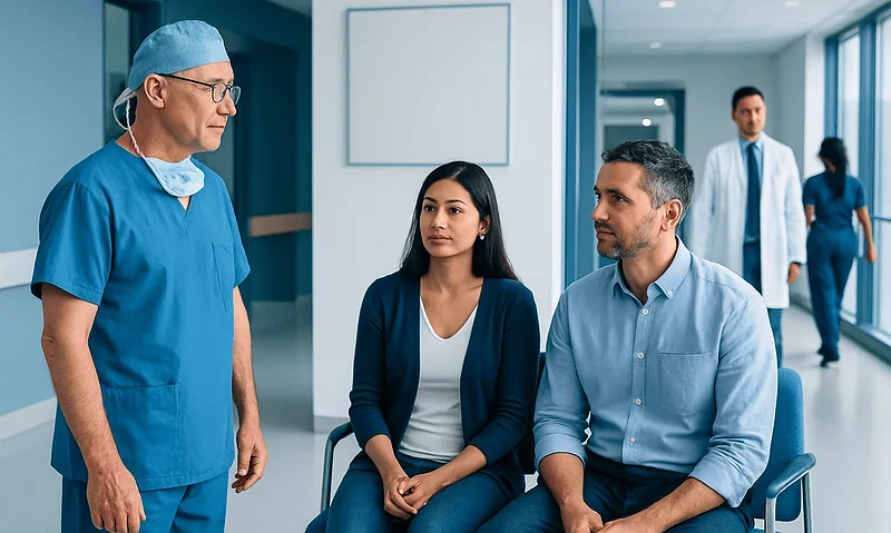 Kidney Transplant Surgery: Step-by-Step Procedure and What to Expect 3 Medical consultation with doctor and patients in hospital corridor.
