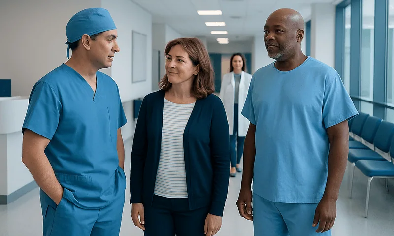 Medical team discussing patient care in hospital corridor.