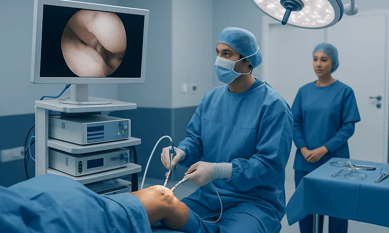 Knee Arthroscopy: Who May Benefit and What Happens During the Procedure 1 Surgeons performing knee arthroscopy in an operating room with monitor display.