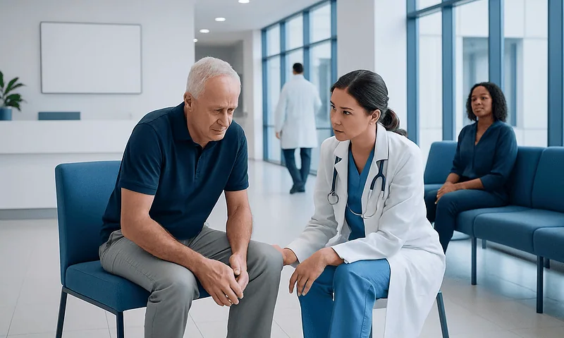 Osteoarthritis in the Knee: Early Symptoms, Diagnosis, and Treatment Options 16 Doctor consulting with elderly male patient in hospital waiting area.