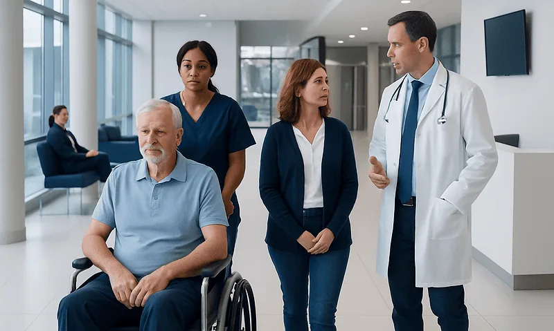 Medical team discussing patient care in hospital corridor.