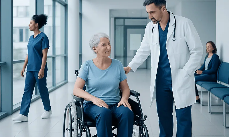 What to Know Before Knee Replacement Surgery 15 Doctor consulting elderly woman in wheelchair at hospital.