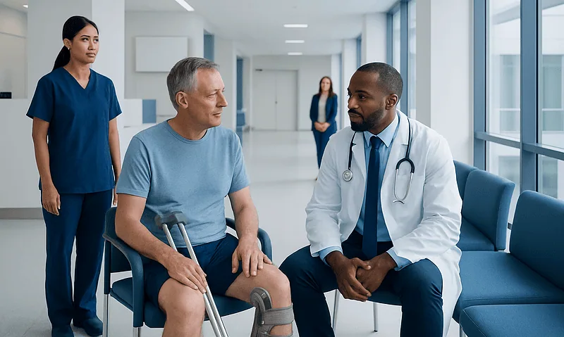 Patient with knee injury consulting with doctor in hospital corridor.