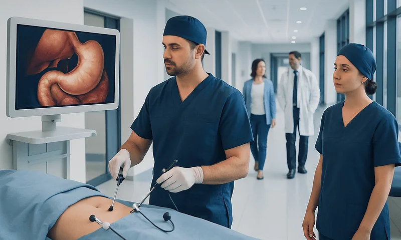 Surgeons perform a laparoscopic gastric bypass procedure in a hospital setting.