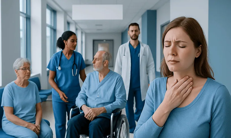 Patient with sore throat in hospital surrounded by medical staff and visitors.