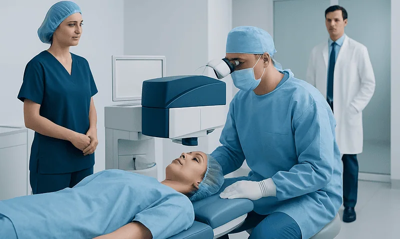 Surgeon performing LASEK eye surgery in a modern clinic.