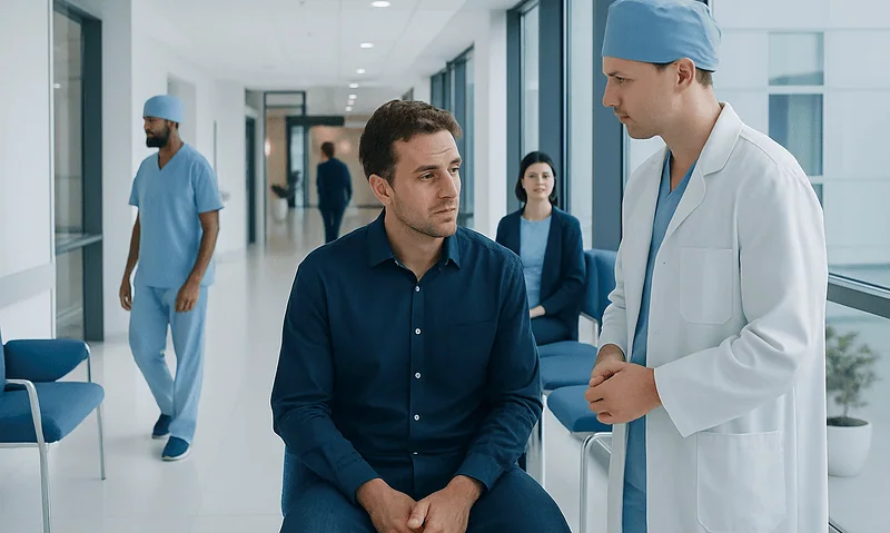 Doctor consulting patient in hospital corridor with medical staff in background.