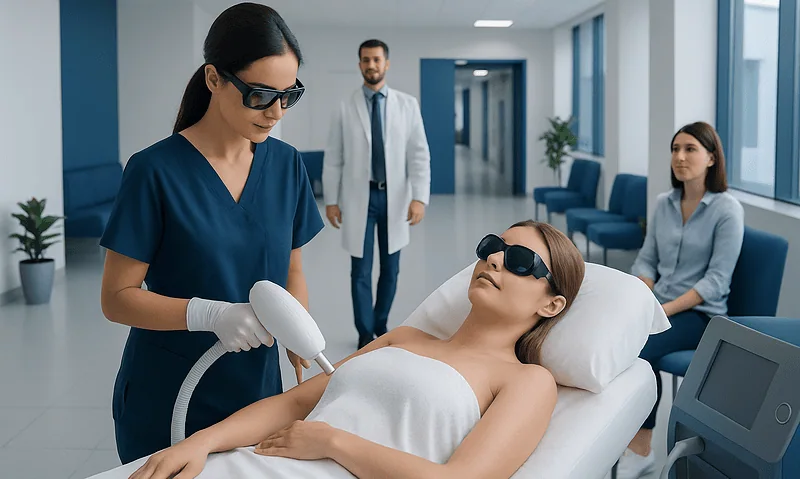 Woman receiving laser hair removal treatment at a clinic.
