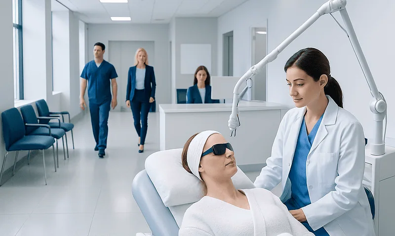 Medical professional performs laser skin treatment on patient in clinic.