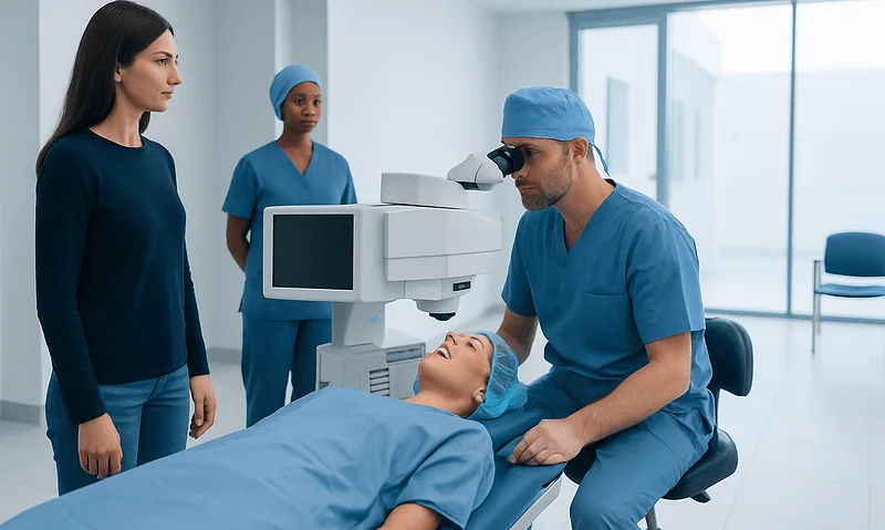 Ophthalmologist performs eye exam using advanced equipment at Acibadem Hospital.