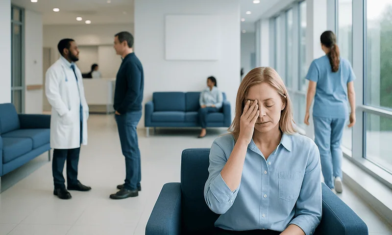 Patient experiencing headache or discomfort in a hospital waiting area.