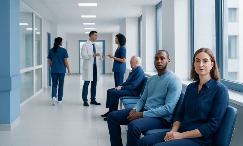 Patients waiting in a hospital corridor with medical staff in the background.