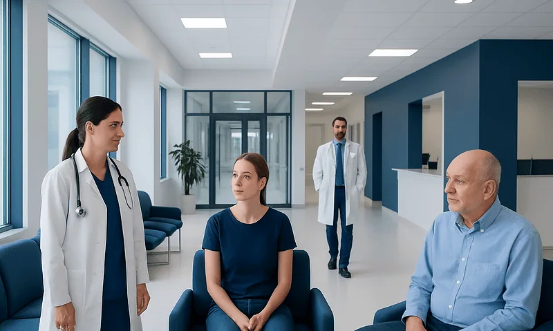 Medical consultation in a modern hospital with doctors and patient.