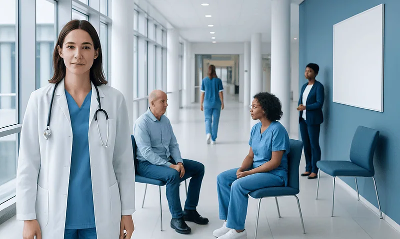 Leukemia Treatment Options Explained: Chemotherapy, Targeted Therapy, and Transplant 16 Medical professionals and patients in a hospital corridor.