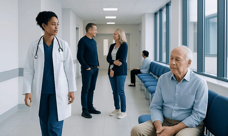 Medical staff and patients in a modern hospital corridor.