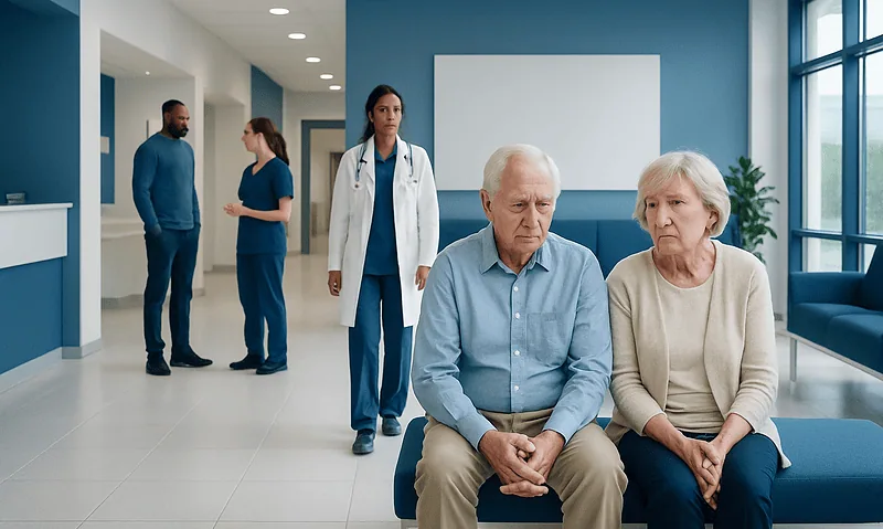 Elderly couple waiting in a hospital corridor with medical staff nearby.