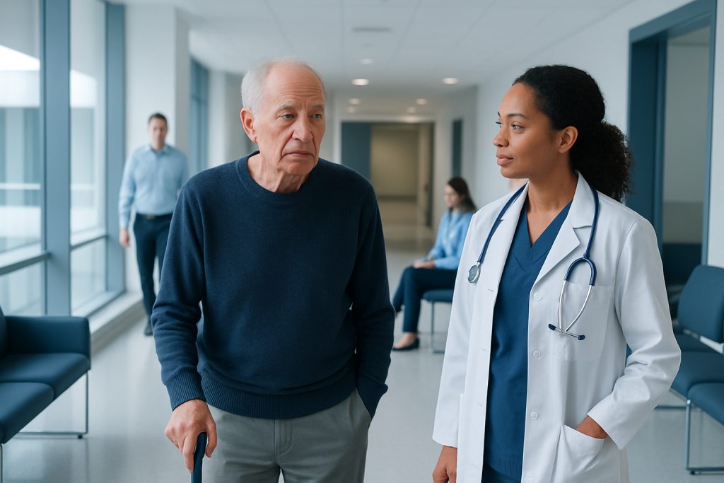Lewy Body Dementia: Early Clues, Hallucinations, and Specialist Assessment 1 Elderly man consulting with a healthcare professional in a hospital corridor.