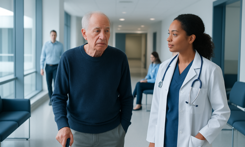 Elderly man consulting with a healthcare professional in a hospital corridor.