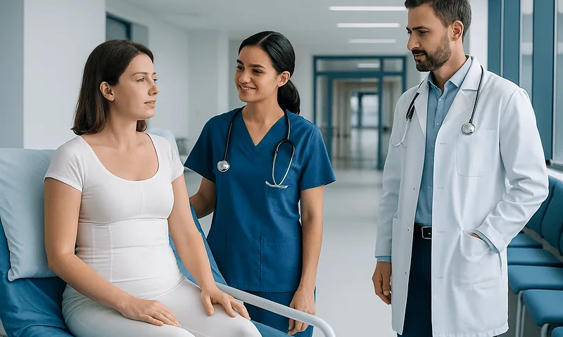 Patient consulting with doctors in a hospital corridor.